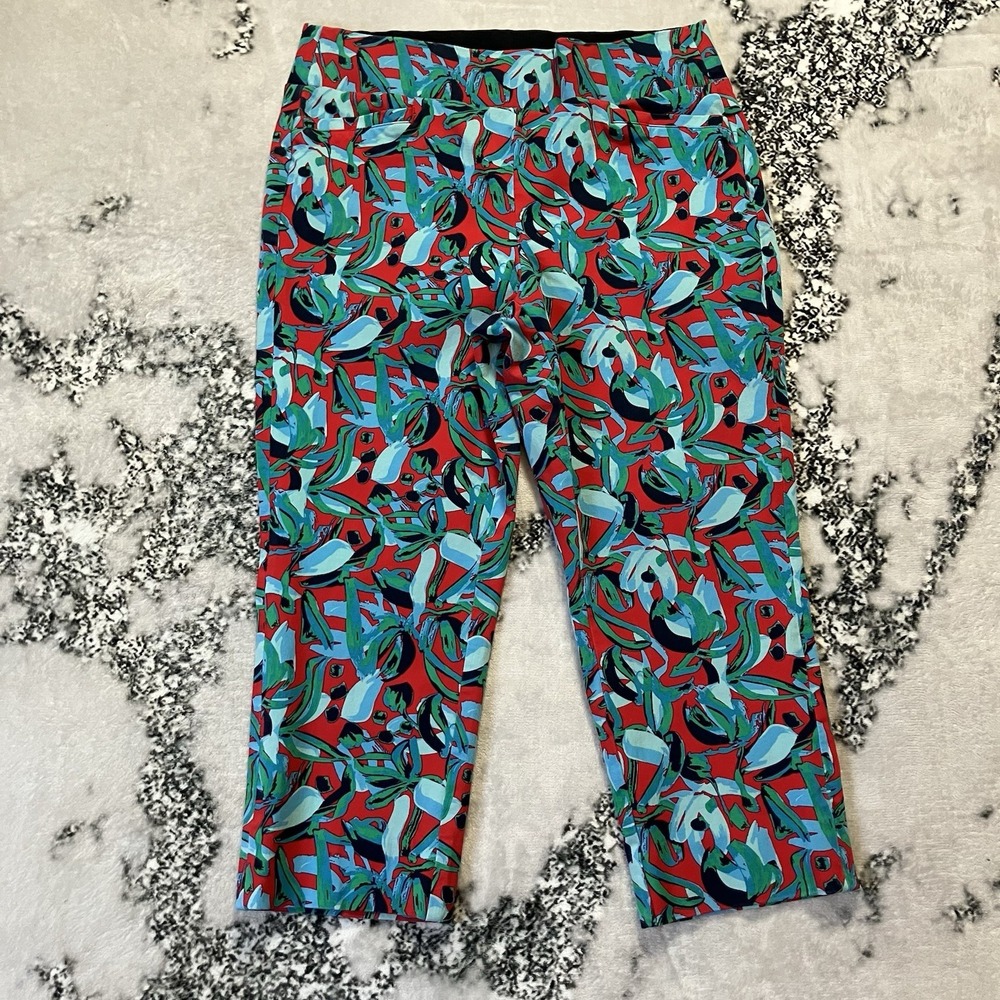 Soft Surroundings Pants Womens Sz‎ PM Red Blue Floral Pull on stretch capris